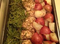 More Recipes ADVERTISEMENT How To Make Green Beans, Chicken Breasts And Red Skin Potatoes 1 In a 9x13 pan, place cut chicken breasts in the center, green beans on one side and potatoes on the other. 2 Sprinkle Italian dressing mix over the top. 3 Drizzle melted butter over it. 4 Cover it with aluminum foil. 5 Bake at 350 for 1 hour. You Might Enjoy These, Too! Mom's Tender and Juicy Pork Chops Candied Yams Tender Homemade Sour Cream Biscuits (No-Fail recipe) Crock Pot Crack Chicken Recip