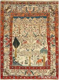 A Beautifully Artistic Ivory Antique Animal Motif Persian Tehran Rug, The Origin Of This Antique Rug Is: Persia, It Was Woven Around The Year: 1900 -