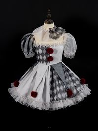 Step into the whimsical world of cuteness with our adorable Pennywise-inspired clown dress. This unique piece features a charming half gray diamond pattern and half white design, adorned with delightful wine red pompom balls. The puff sleeves and pompom ball triangle flag decorations on the skirt add an extra touch of playful elegance. Completing the look is a free ruffled collar, making this dress an irresistibly cute addition to your kawaii wardrobe.   	 		 			Size 			S 			M 			L 			XL