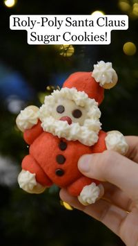 10min · 12 servings     Ingredients:  For Santa Cookies:  • 1 cup butter, room temp. (2 sticks)  • 1/2 cup white sugar  • 3 tsp. vanilla extract  • 1 large egg  • 2 1/4 cups all purpose flour  • 1/2 tsp. salt  • 3 tsp. red food gel  • 60 mini chocolate chips (for eyes and buttons)  • 12 mini red m&m’s (for nose)  For Frosting:  • 1/2 cup softened butter (1 stick)  • 1 tsp. vanilla extract  • 1 1/2 cups powdered sugar  FULL RECIPE WITH INSTRUCTIONS ON BLOG: https://corrigansisters.com/roly-poly-santa-sugar-cookies/