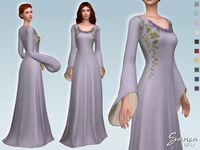 A long dress with flowing sleeves and flowers, inspired Sansa Stark's tourney dress in season 2 of Game of Thrones.  - New mesh - 10 swatches - Base game compatible - HQ mod compatible - Teen - Young Adult - Adult - Elder  Thanks to all the CC creators whose work I use in my preview images.  Hope you like it!