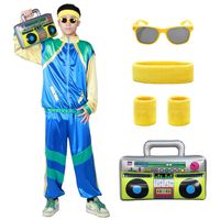 PRICES MAY VARY. 80s Costumes for Adult - Our Mens 80s halloween costumes includes 1 retro windbreaker jacket, 1 pants, 1 glasses, pink sweatbands set(1 headband,2 wristbands),1 inflatable radio. High Quality 80s Windbreaker - This retro ski suit are made of Durable Nylon cloth, high elasticity and durable fabric, lightweight, comfortable, smooth. The Jacket is also waterproof. New Upgrade Design - The 80s hip hop costumes/Tracksuit Outfit feature Colorblock design. The retro jacket with a pract