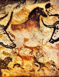 #Lascaux  --  Ancient Paleolithic paintings in Lascaux (Southwest France.)  This cave art is located near the village of Montignac.  Dates to around 12,000 BCE.