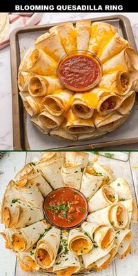 This blooming quesadilla ring is one of those Mexican recipes that everyone will love to make. Cones of soft tortillas are loaded with yummy fillings and arranged around a tasty sauce that looks amazing on the table! #BloomingQuesadillaRing #CheesyAppetizers #PartyFoodIdeas #GameDaySnacks #TexMexDelights #QuesadillaLovers 🌮🧀