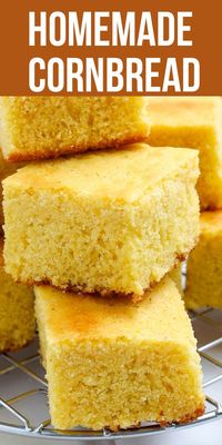 Try this easy homemade cornbread recipe made using cornmeal, sugar, flour, butter, milk, and eggs for a southern-style side dish ready in 30 minutes or less! It's easy, inexpensive, and perfect for holiday meals.