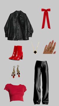 Leather jacket leather pants red cropped shirt red hair bow red leather boots black clover van cleef neacklace red hand earrings red rings outfit