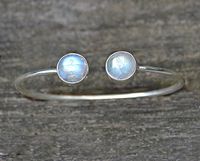 Adjustable natural Rainbow Moonstone bezel bangle  -  two smooth stones, Gold or silver, wedding bridesmaid bracelet, June Birthstone