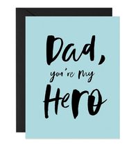 Father's Day Card "Dad You're My Hero" everyday greeting card in aqua blue with modern hand letter brush script, paired with a black envelope. Folded card, blank inside. Available as a single card or set of 5 Fathers Day cards. Find more Father's Day card styles at digibuddha.com | Designed exclusively by Digibuddha Paper + Gifts #digibuddha