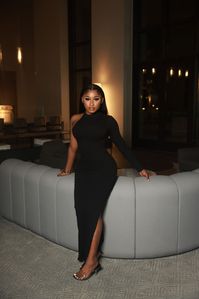 Available In Black And Off White. Maxi Dress Mock Neck Open Shoulder Long Sleeve High Slit Stretch Compression Rib 88% Rayon 12% Spandex Imported | Ayana Snatched Maxi Dress in Black size Small by Fashion Nova