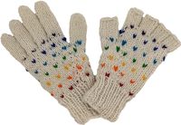 Colorful rainbow sprinkles characterize this soft and cozy white wool gloves-pair; but more than that, this set has one full glove and one half finger glove for a good reason.  This practical design is ideal these days where the ability to use your iPhone or Android phone is almost a necessity - use the phone in one hand with your exposed fingertips, while your other hand is fully covered and kept warm by the full woolen fingers! The gloves come with fleece lining for extra warmth on the palms.