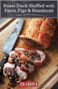 This roast duck stuffed with farro, figs, and hazelnuts is a showstopper worthy of a holiday or celebration feast.#roastduck #stuffedduckbreast #duckwithhazelnuts