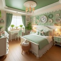 Printable wall art in link!  Let this Cottagecore coquette green and white bedroom interior be your inspiration for your future interior design and home decor. #cottagecore #green #bedroom #girl