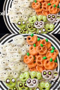 Halloween Pretzels made into 3 spooky treats- Pumpkins, Mummies & Aliens. Use chocolate & candy to create these festive Halloween Pretzels.