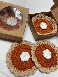 Hi, these cute coasters inspired by another artist here in Etsy, they're not exactly the same as I didn't follow the pattern but still cute none the less!! You get one for 7 and it's meant to be a gift, it says baked for you, and it's just so cute like a personalized pie. the set of 4 will come in one box, as a set.  The amount of 10 will not include a box.  If you want two have all individually wrapped in their own box please reach out and we can create a custom order for you  Thank you!!