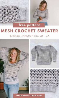 Have you ever wondered how to crochet an almost seamless sweater? Then, this free crochet pattern is for you! In this mesh crochet sweater pattern from Make and Do Crew, you'll learn how to make a cute crochet top that is beginner friendly. With it's boatneck, open stitches, and lightweight yarn, this pullover sweater is the perfect year round top. Visit the blog post to get the free crochet sweater pattern! Plus sizes included.