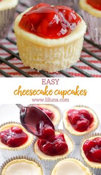 Cheesecake Cupcakes are a bite-sized cheesecake treat. Top with cherry pie filling, or any other topping you like! #cheesecakecupcakes #cheesecake #cherryrecipes #cupcakes #dessert