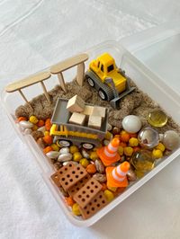 Construction Crew  Vehicles may vary! Vehicles may also be changed upon request! Everything else, as is  See Page for Add-ons: Original Little Scooper - $2 Painted Little Scooper - $3 Little Tweezers - $2 Each bin is a Snap-tight Latch 5.13"L x 5.13"W x 2"H (Inside dimension: 4.38"L x 4.5"W x 1.63"H)