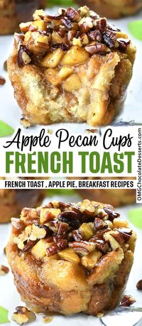 Apple Pecan French Toast Cups are all of the goodness of French toast, cut in small pieces and packed in small cups filled with sweet apple pie filling and irresistible, crunchy pecan topping. #apple #pie #french #toast #cups #breakfast