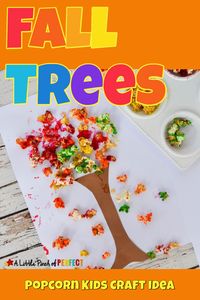 Popcorn is popping and the leaves on these trees are falling during this simple craft that is perfect for fall. The nice thing about this craft project is there is no right or wrong way to make it so kids are free to create as they wish which always results in the best art projects–don’t ya think!?! To color the popcorn squirt a little bit of craft paint in a plastic bag, add some popcorn, close the bag securely, and shake it. Empty the bag and let the popcorn dry.