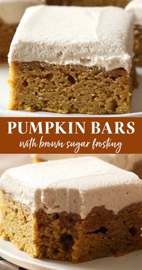 Pumpkin Bars with Brown Sugar Frosting are the perfect fall crowd pleasing treat! Spiced thick & soft pumpkin bars and a thick layer of easy brown sugar frosting will have everyone begging for seconds. One of my FAVORITE pumpkin dessert recipes to enjoy in the fall or on the Thanksgiving dessert table.