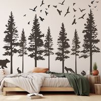 "🇨🇦 Proudly designed and handmade in BC, Canada. This enchanting vinyl wall decor piece adds a touch of nature's grandeur to any room, making it perfect for nurseries, living rooms, or bedrooms. Crafted with precision, this removable wall art effortlessly transforms your space into a serene oasis. This set features majestic pine trees adorned with charming bears, moose, and birds, creating a captivating forest scene. The large tree decals add a touch of grandeur to your space. Easy to apply an