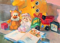 "Childhood Happiness", a still life painting by Elena Morozova. Painted with oil on canvas, this colorful artwork depicts children's toys #stilllifepainting #fineartpainting #oilpainting