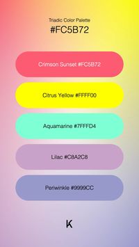 Triadic Color Palette Crimson Sunset #FC5B72 · Citrus Yellow #FFFF00 · Aquamarine #7FFFD4 · Lilac #C8A2C8 · Periwinkle #9999CC · Crimson Sunset #fc5b72, a vibrant dance of fire and warmth. ·  #Color #ColorPalette #CoralFlame #CrimsonSunset #FieryRed #Hex #RedOchre #SunsetRed · Kid’s Pattern