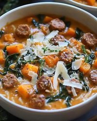 Indulge in this cozy Creamy Italian Sausage and Butternut Squash Orzo Soup, a rich and hearty dish perfect for warming up during cooler days!