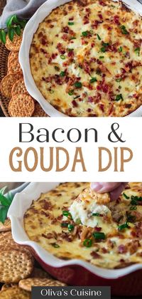 If you're looking for hot dip recipes, you have to try this flavorful and savory Hot Smoked Gouda Bacon Dip. This bacon dip is perfect for serving at parties, BBQs, potlucks, and holiday gatherings. When it comes to dips and appetizers, bacon is always a favorite! Add in smoked gouda cheese and you have a winning dip recipe that is sure to please the tastebuds. Also great for football food, tailgating food, football parties and more!