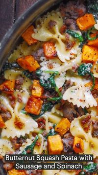 Find the recipe on JuliasAlbum.com:   https://juliasalbum.com/butternut-squash-pasta-with-sausage-and-spinach/