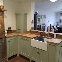 Handmade fitted kitchen Farrow and ball vert de Terre Reclaimed pitch pin breakfast bar Oak worktop Belfast sink