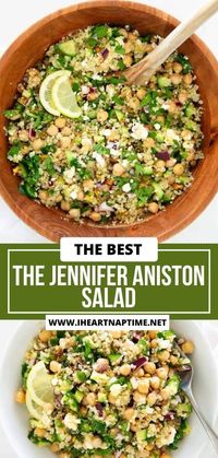 This viral Jennifer Aniston salad is made with quinoa, chickpeas, crunchy veggies and fresh herbs tossed with a lemon vinaigrette then topped with pistachios and feta!