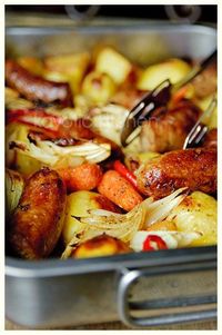 For Fall: Lazy Day Casserole--sausage, potatoes, carrots, peppers, onions.