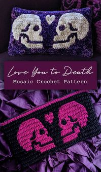 Mosaic crochet pattern "Love You To Death" now available! This pattern includes 4 different charts for creating the full skulls and heart motif, side skulls in rows, or all hearts. Includes instructions for creating a bag or patch, but you can use the charts to create pillows and much more! Great for Valentine's day or anniversary gifts! #mosaiccrochet #sixeldesign #loveyoutodeath #skullcrochet #uniquecrochet #gothcrochet #gothstyle #crochetpattern #crochet #skulls #hearts