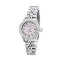 From our women's diamond watches collection: this ladies diamond Role Datejust watch Oyster Perpetual 26mm model features pink MOP dial with diamond indices, diamond bezel and diamonds on the lugs, total 2 carats of sparkling diamonds, a brushed stainless steel case, and a stainless steel band. This Rolex Ladies Diamond Watch showcases a pink mother of pearl dial and a date display at the 3 o'clock position. Please note: this custom Rolex diamond watch is pre-owned, in like new condition, and co