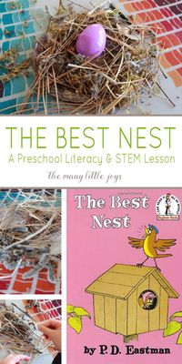 This simple preschool activity brings to life P.D. Eastman’s beloved book, The Best Nest, as your child reads the book, searches for nest building material and then creates his or her own nest. It’s a fun hands-on learning experience that your child will love!