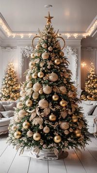 Laat je betoveren door deze prachtig gedecoreerde kerstboom met gouden accenten in een stralend witte woonkamer! De perfecte combinatie van goud en wit zorgt voor een luxe en feestelijke sfeer. Ontdek de magische versieringen rondom de kerstboom en laat je inspireren voor jouw eigen winterwonderland. 🌟 #KerstDecoratie #GoudenKerstboom #WitteWoonkamer