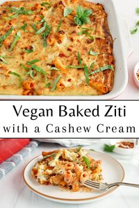 This vegan baked ziti is so creamy and flavorful. Made with marinara sauce, lentils and a cashew cream sauce, it makes for a great dish to meal-prep and perfect as a crowd-pleaser. Super easy, healthy, dairy-free and completely plant-based.