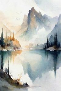 size: 18x12in Art Print: Mountain Lake Watercolor by Lana Kristiansen :