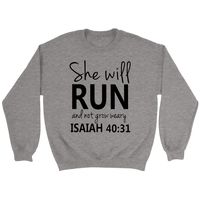 This Bible verse sweatshirt is inspired by Isaiah 40:31 'She will run and not grow weary'. A perfect Christian gift for friends and loved ones for any occasion such as Mother's day, Father's day, Baptism, Thanksgiving, Christmas or 'just because'. Created by our Christ Follower Life designers, not available anywhere else! Printed to order in the USA. Please make sure that the Color and Size you have chosen are correct before clicking on the "Add To Cart" button. Product Details This well-loved U