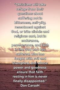 "Christians will take refuge from their questions about suffering not in bitterness, self-pity, resentment against God, or trite clichés and religious cant, but in endurance, perseverance, and faith in the God who has suffered, who has fought with evil and triumphed, and whose power and goodness ensure that faith resting in Him is never finally disappointed." Don Carson, 'How Long O Lord'.

Photo by Julian Hacker - www.pixabay.com.