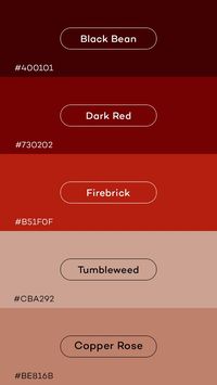 Explore this stunning warm and earthy color palette featuring rich tones like Black Bean, Dark Red, Firebrick, Tumbleweed, and Copper Rose. Perfect for designers, color specialists, and creatives, this palette offers a blend of bold and neutral hues suitable for branding, digital art, or website design. Whether you're creating in Canva or looking for the ideal color combination for your next project, this palette provides endless inspiration. Ideal for sophisticated, minimalistic, or vintage-themed designs. Save it for your future creations!  #ColorPalette #EarthyTones #WarmColors #GraphicDesign #CanvaDesign #CreativeColors #DesignInspiration #ColorInspiration #CanvaPalette #DigitalDesign #BlackBean #DarkRed #Firebrick #Tumbleweed #CopperRose #WarmColorPalette