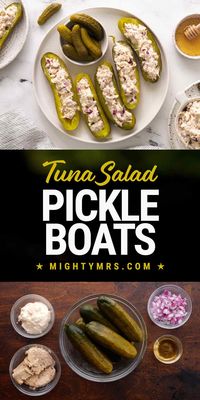 These fun tuna salad pickle boats are easy to make. No cooking. Just 5 ingredients! A yummy low-carb, gluten-free snack.