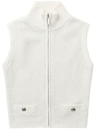 Find ALESSANDRA RICH White Knit Zipped Vest on Editorialist. White Made with cotton Knitted construction High neck Zip front fastening Sleeveless Faux pocket detail with logo-engraved buttons Straight ribbed hem Made in Italy