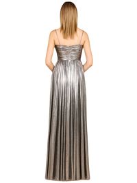 Show off in this thigh high slit metallic dress with a sweetheart neckline and barely there straps that you can hide for a strapless look. Back zip Metallic Jersey Stretchy Dress Professionally clean Imported Designed for a wedding guest, gala party or a wedding event. Fits true to size Bra friendly Sheath fit friendly to your hips Model is 5'9 wearing a size 4