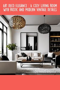 Art Deco Living Room: An elegant living room with black lacquered wood furniture, geometric patterns, a sunburst mirror, chrome metal lighting, and tinted glass vases, reflecting a touch of modern vintage aesthetics