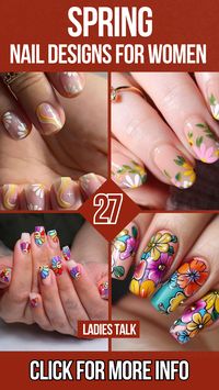 Step into spring with 27 fun spring nail designs that celebrate the season's vibrancy. From pastel nail art to colorful manicure ideas, these spring-inspired designs include floral patterns, ombre effects, and glitter accents. Create stunning nail art featuring butterflies, polka dots, and abstract shapes for a fresh, trendy look. Perfect for women who love seasonal nails, these spring manicure ideas range from easy DIY nail designs to intricate professional styles. With bright colors, creative themes, and trendy spring nail ideas, your nails will make a stylish statement all season long.