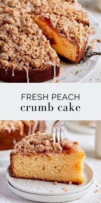 Sweet peach slices nestled beneath a golden lid of crumb topping take the starring role in this peach crumb cake. Drizzled with vanilla glaze, you’ll love this crumb cake for dessert or weekend brunch (the golden slices remind me of peach coffee cake).