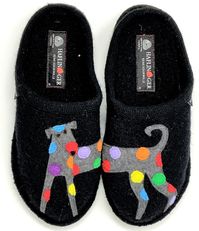 From HAFLINGER, the Jack Dog Appliqued Wool Mule Slippers feature:Soft, boiled-wool upper massages the foot for all-day comfortArtisan dotted dog appliqueSlip-on constructionWool liningLatex coated felt wool outsole is both comfortable and flexibleGrip dots on the sole help you keep your footingFlat heelImported.