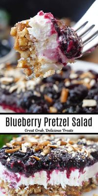 Blueberry Pretzel Salad is the perfect dessert recipe for a get together with friends or family, made with a sweet and delicious cream cheese mixture, fresh blueberries and blueberry pie filling that is layered on a crushed pretzel crust.